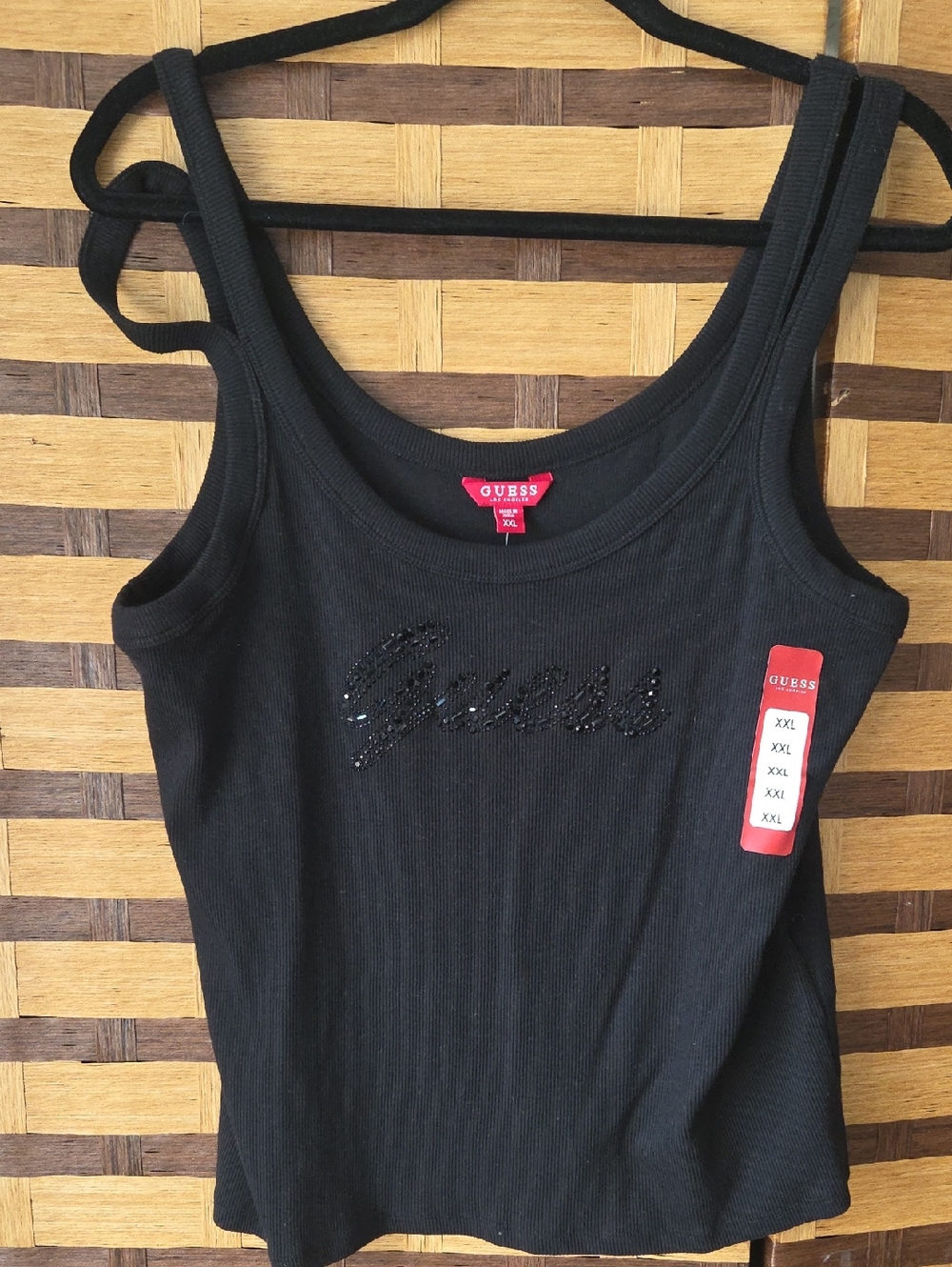 GUESS Black Sequin Logo Ribbed Tank Top